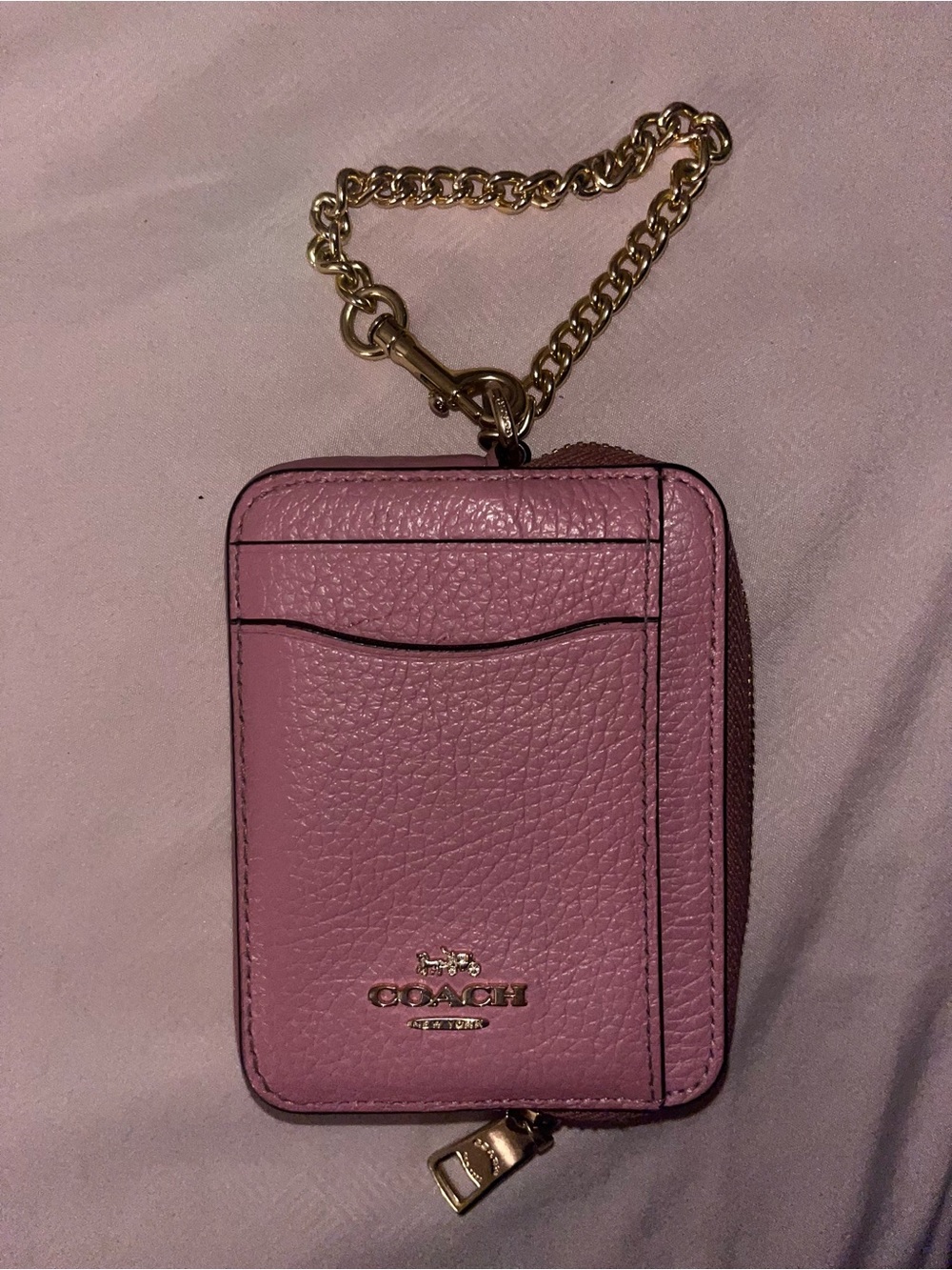 Coach Pink Pebbled Leather Zip Card Holder with Gold Chain